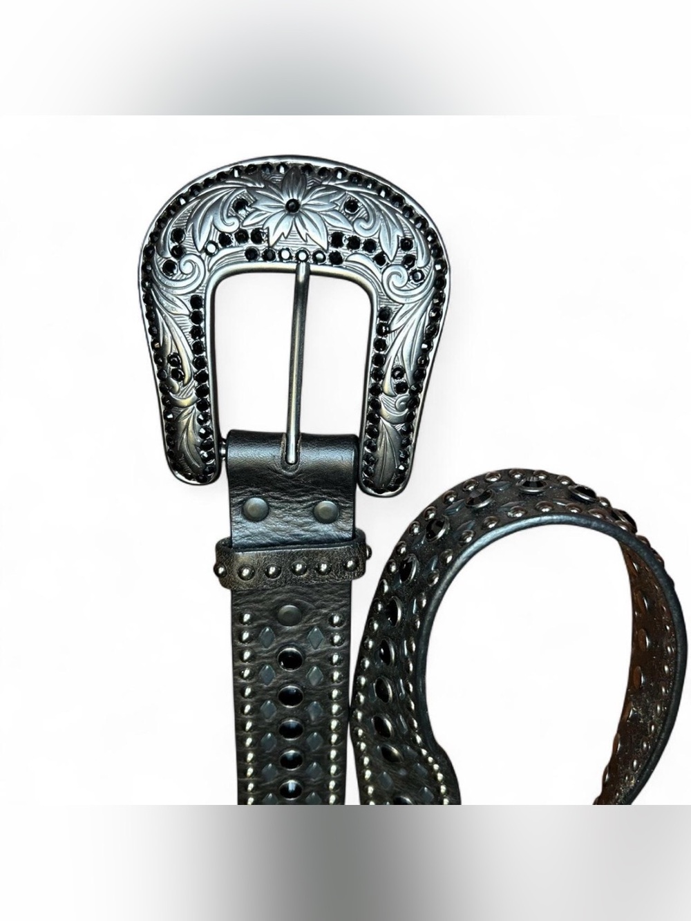 Men's Black Studded Leather Belt with Decorative Silver Buckle